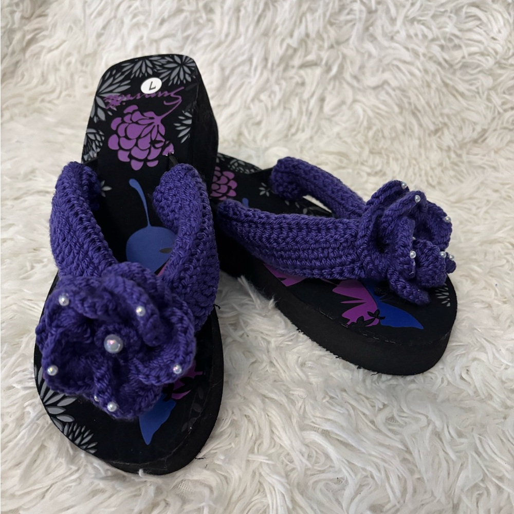 🌸. #5007.  Purple Crochet Flower Wedge Flip Flops
